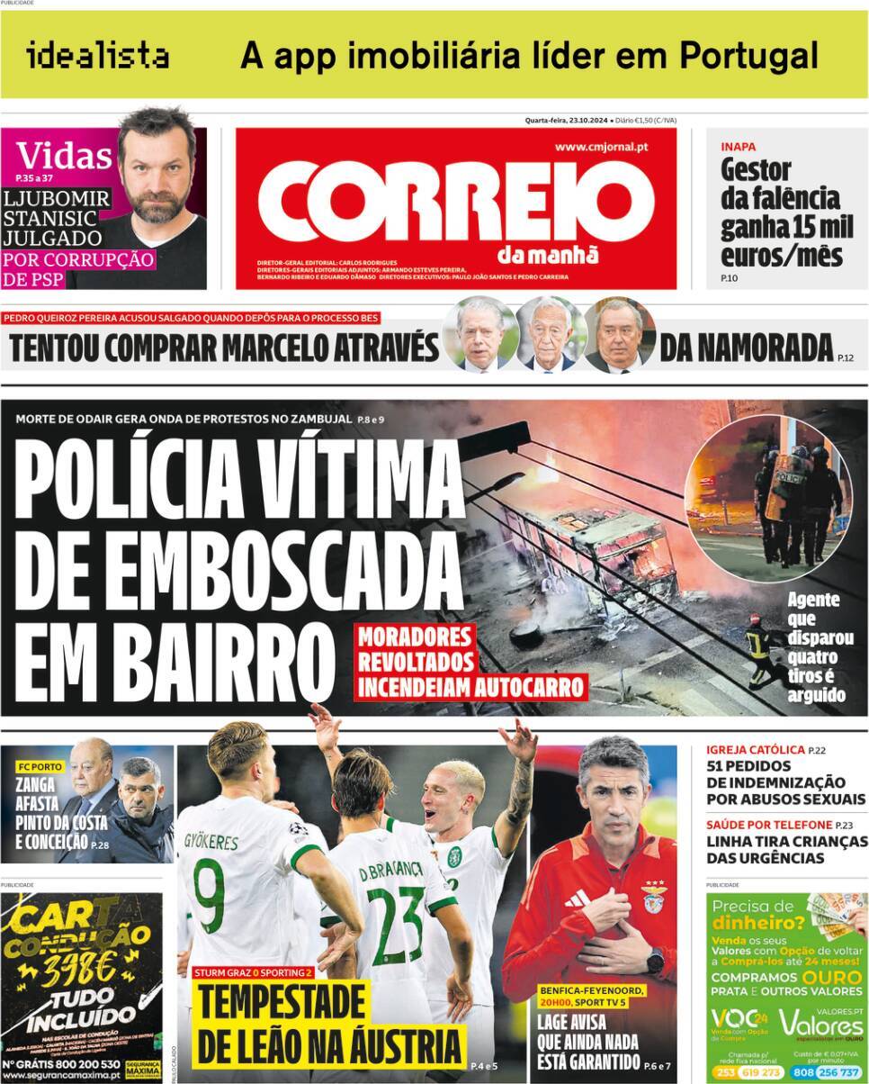 Correio da Manh&atilde;: Capa da Edi&ccedil;&atilde;o de quarta-feira, 23 de outubro 2024