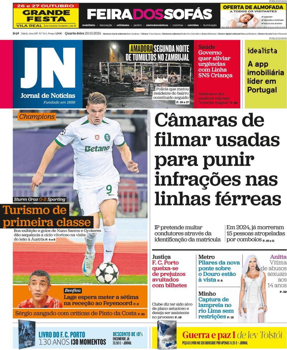 Jornal de Not&iacute;cias: Capa da Edi&ccedil;&atilde;o de quarta-feira, 23 de outubro 2024