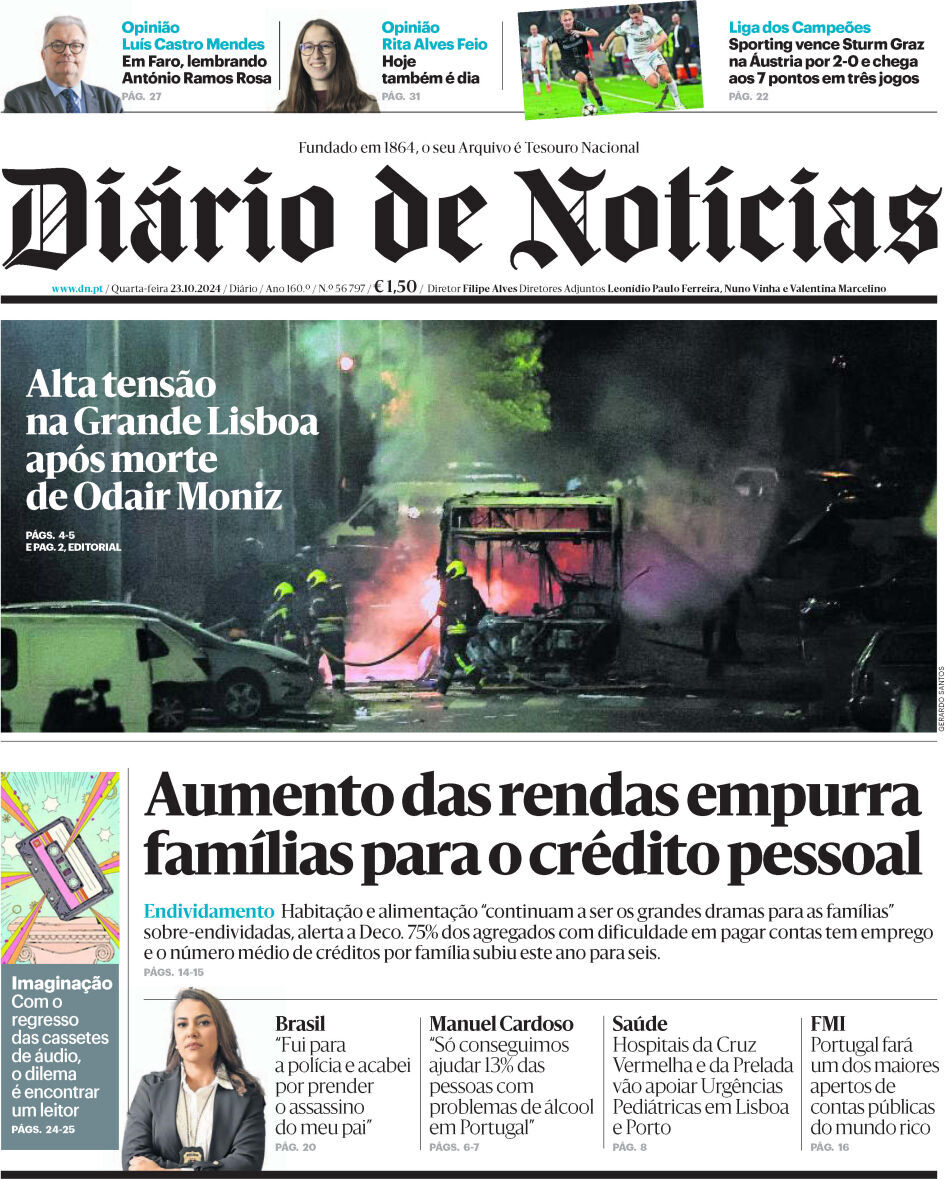 Di&aacute;rio de Not&iacute;cias: Capa da Edi&ccedil;&atilde;o de quarta-feira, 23 de outubro 2024