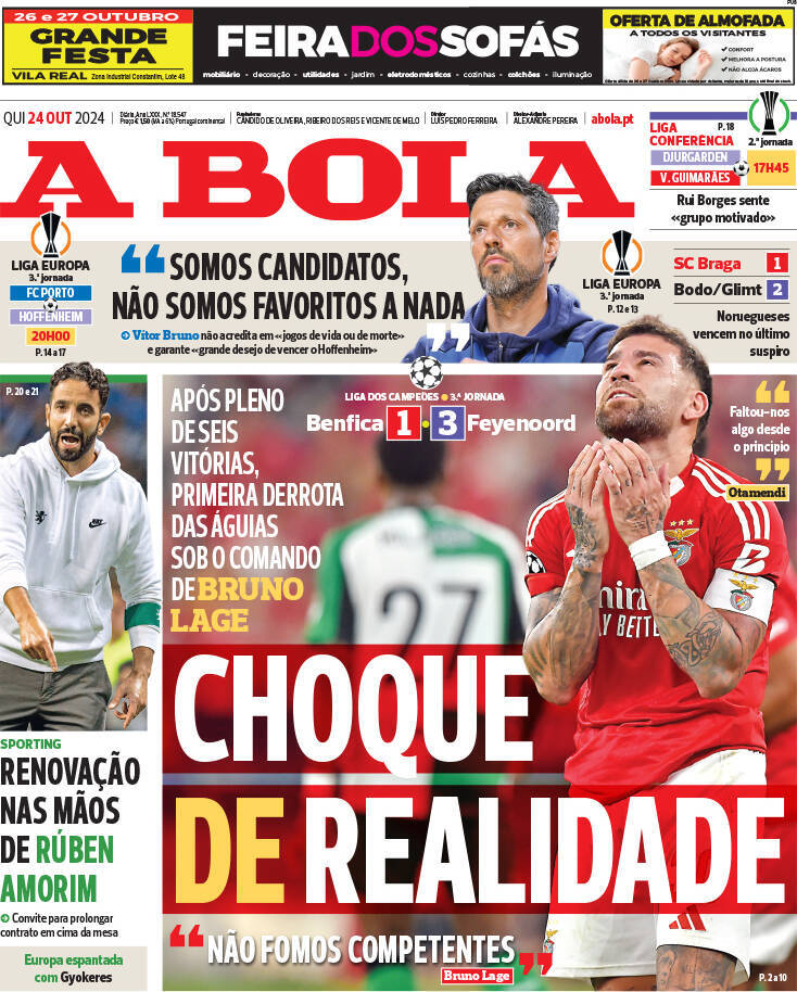 A Bola: Capa da Edi&ccedil;&atilde;o de quinta-feira, 24 de outubro 2024