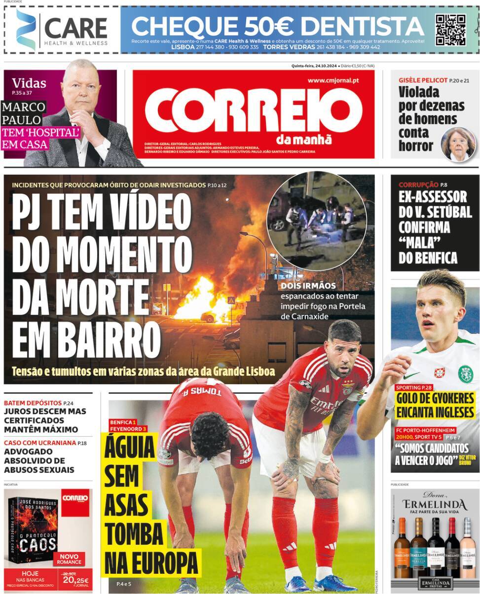 Correio da Manh&atilde;: Capa da Edi&ccedil;&atilde;o de quinta-feira, 24 de outubro 2024