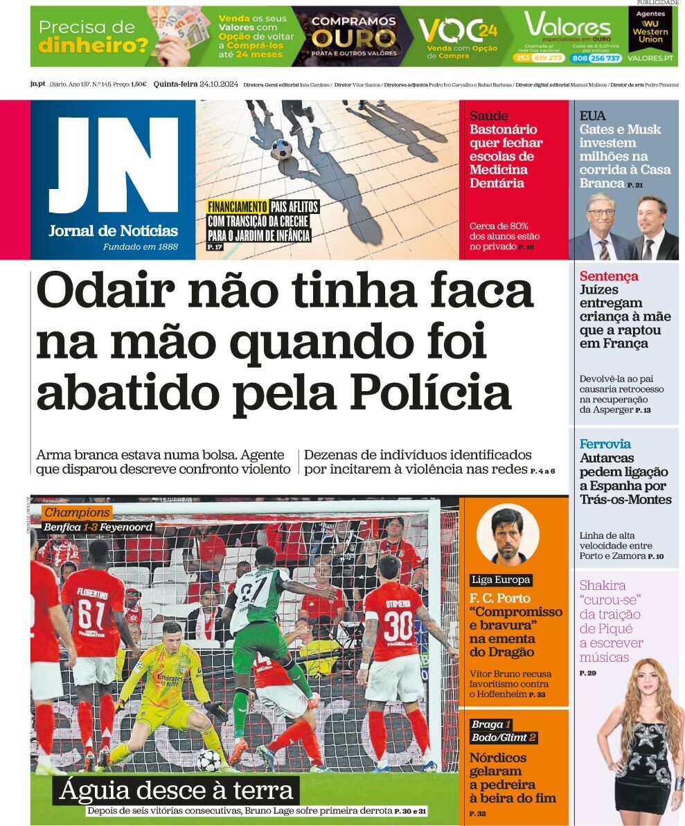 Jornal de Not&iacute;cias: Capa da Edi&ccedil;&atilde;o de quinta-feira, 24 de outubro 2024