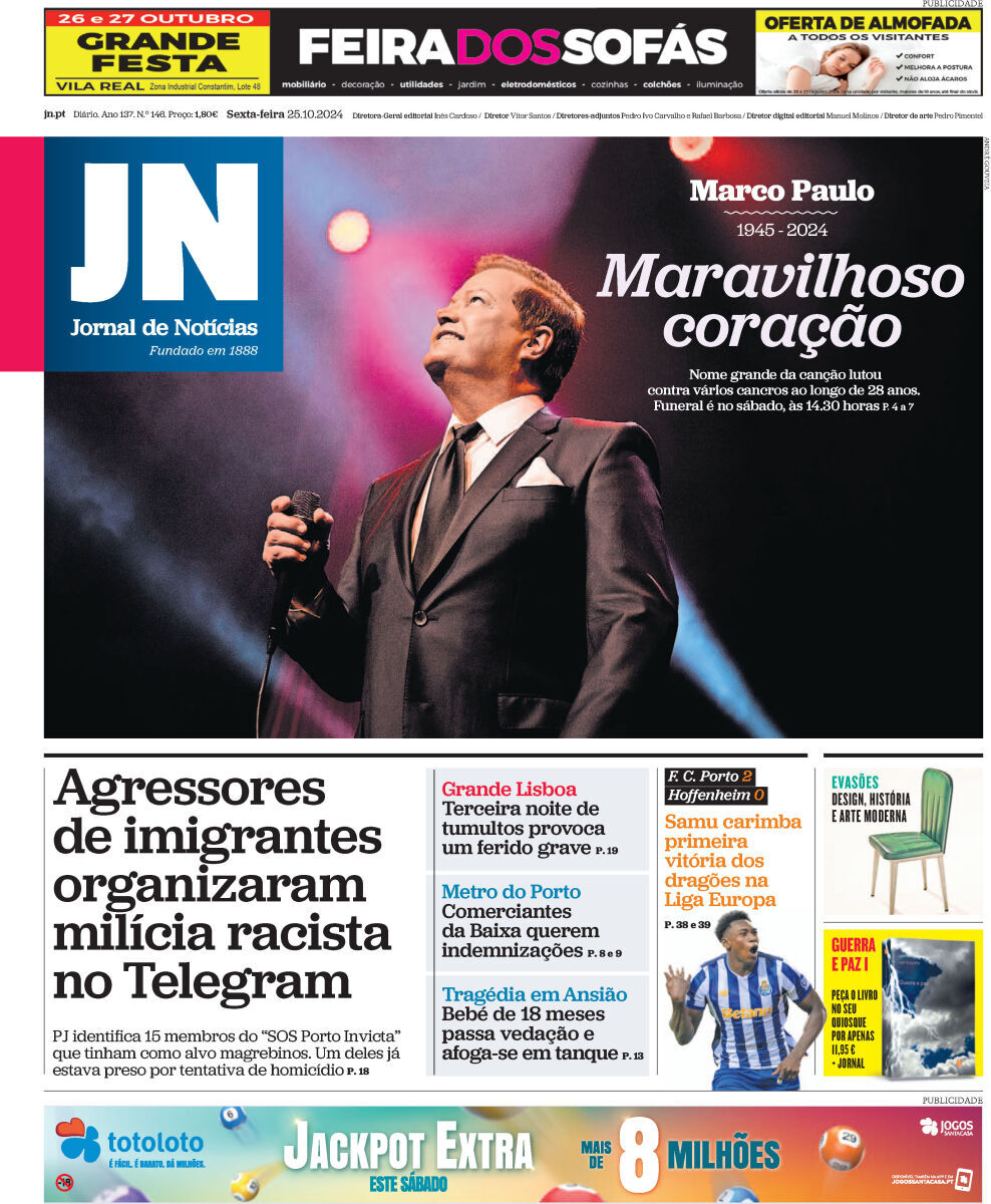 Jornal de Not&iacute;cias: Capa da Edi&ccedil;&atilde;o de sexta-feira, 25 de outubro 2024