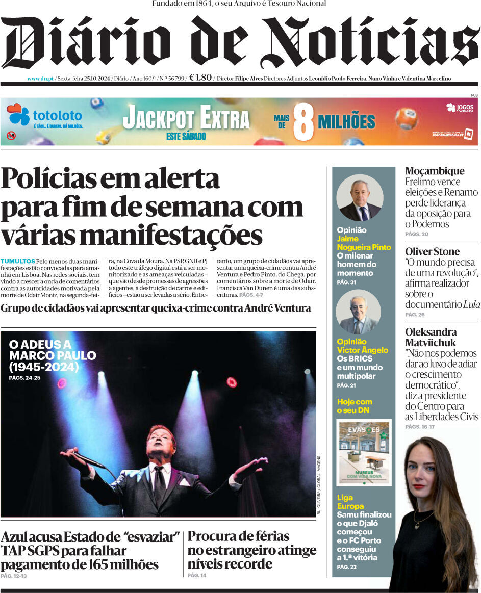Di&aacute;rio de Not&iacute;cias: Capa da Edi&ccedil;&atilde;o de sexta-feira, 25 de outubro 2024