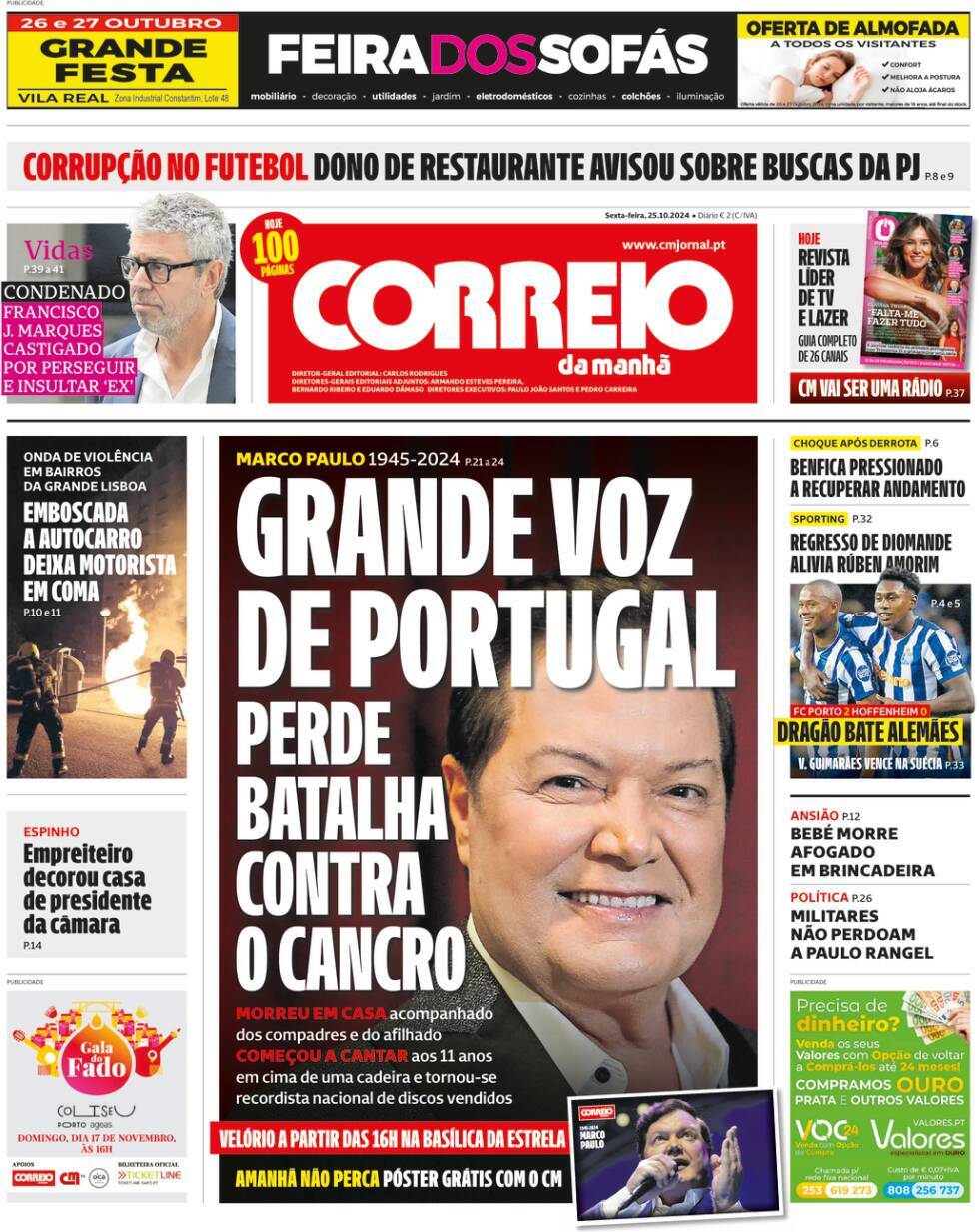 Correio da Manh&atilde;: Capa da Edi&ccedil;&atilde;o de sexta-feira, 25 de outubro 2024