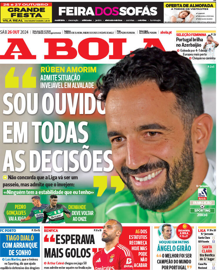 A Bola: Capa da Edi&ccedil;&atilde;o de s&aacute;bado, 26 de outubro 2024