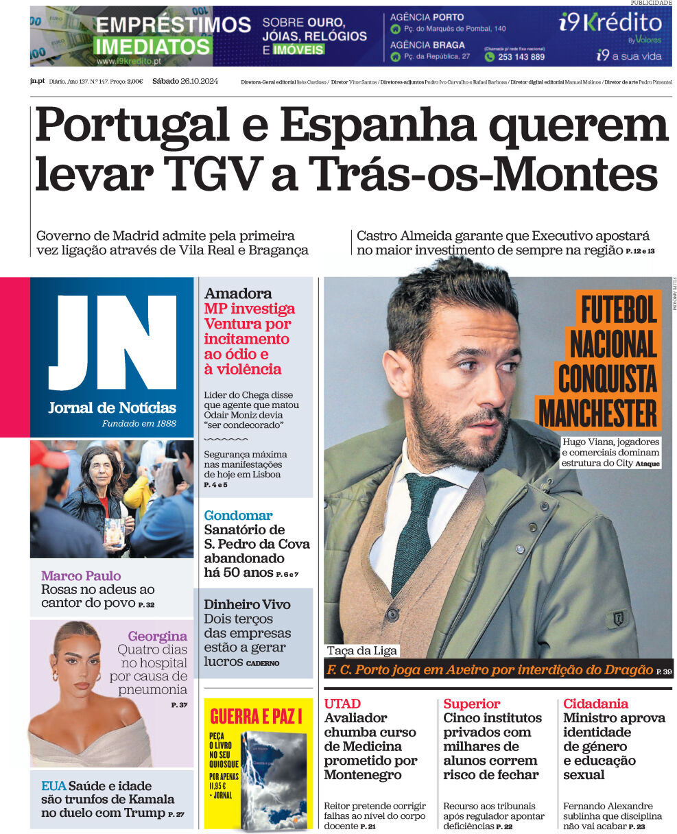 Jornal de Not&iacute;cias: Capa da Edi&ccedil;&atilde;o de s&aacute;bado, 26 de outubro 2024