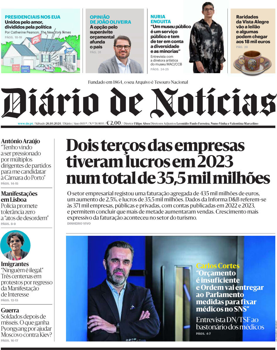 Di&aacute;rio de Not&iacute;cias: Capa da Edi&ccedil;&atilde;o de s&aacute;bado, 26 de outubro 2024