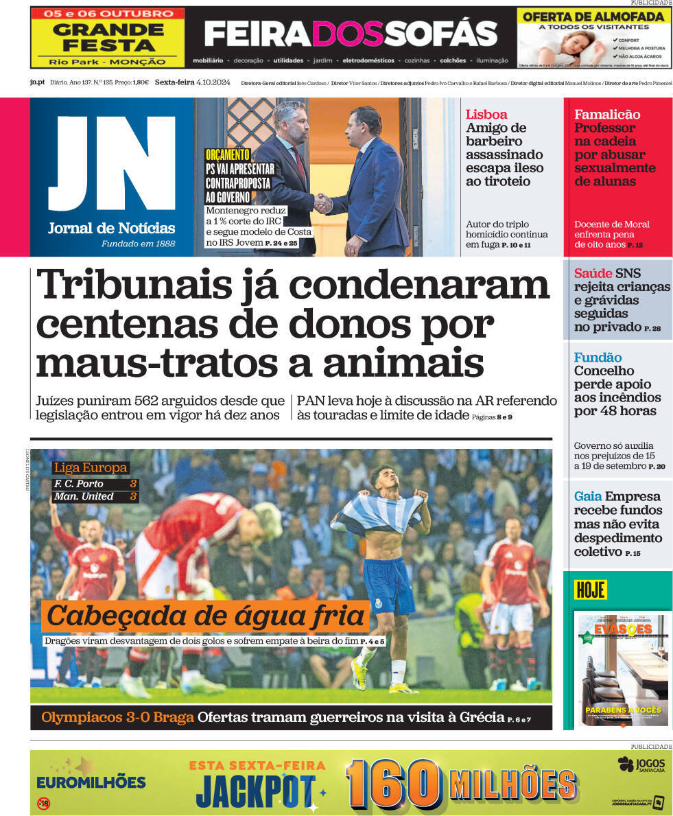 Jornal de Not&iacute;cias: Capa da Edi&ccedil;&atilde;o de sexta-feira, 04 de outubro 2024