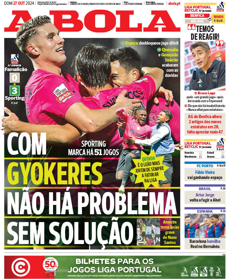 A Bola: Capa da Edi&ccedil;&atilde;o de domingo, 27 de outubro 2024