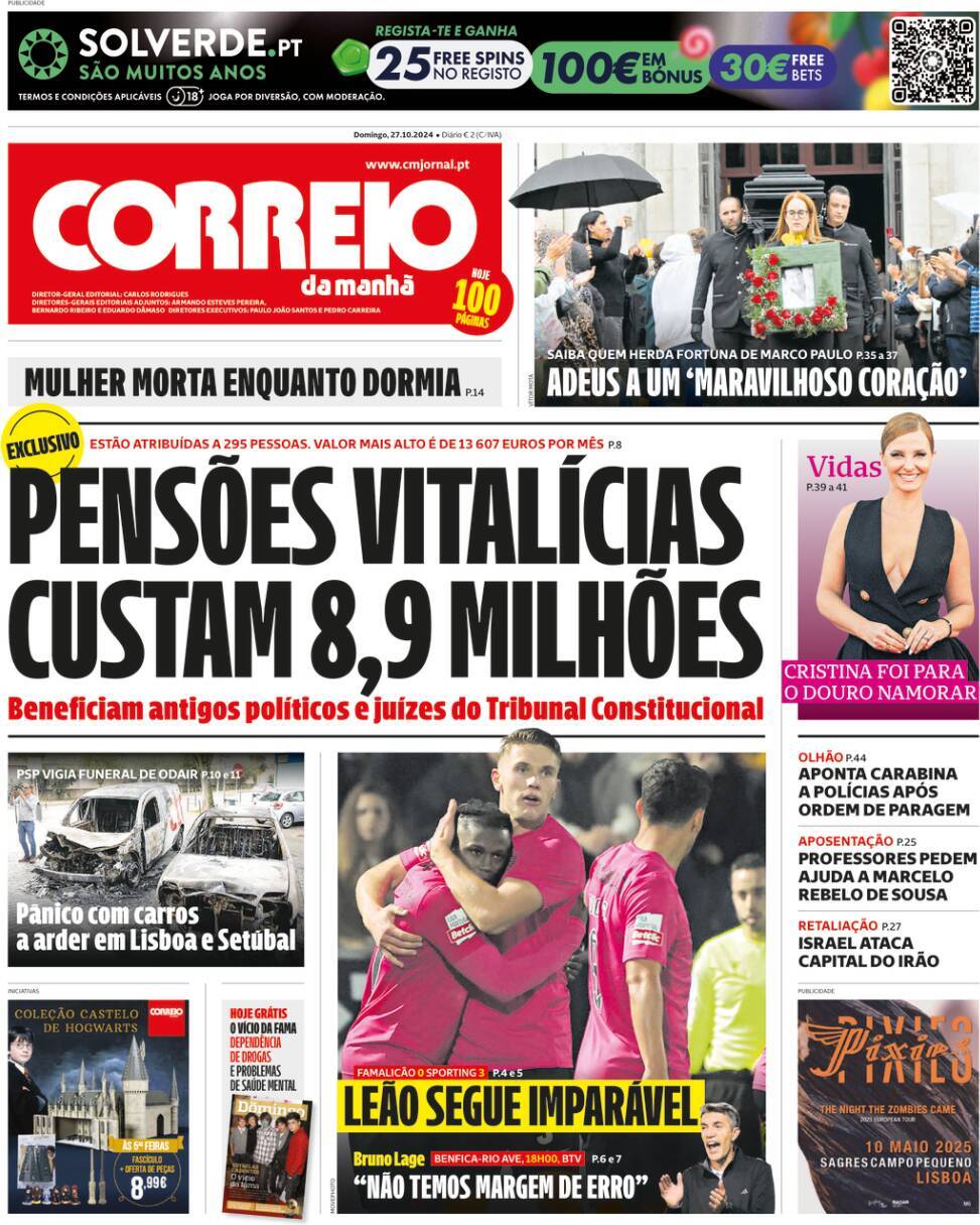 Correio da Manh&atilde;: Capa da Edi&ccedil;&atilde;o de domingo, 27 de outubro 2024
