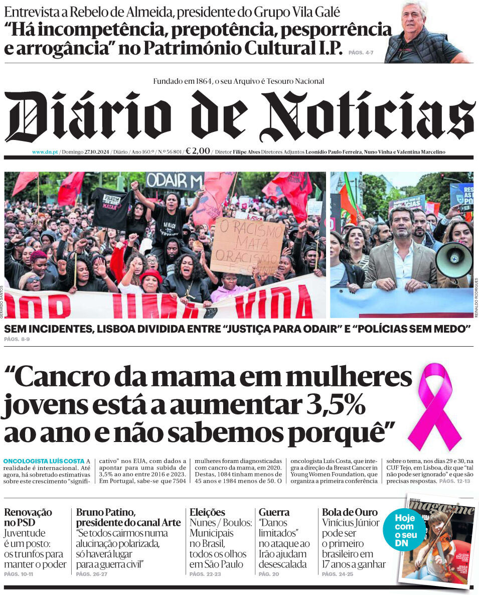 Di&aacute;rio de Not&iacute;cias: Capa da Edi&ccedil;&atilde;o de domingo, 27 de outubro 2024