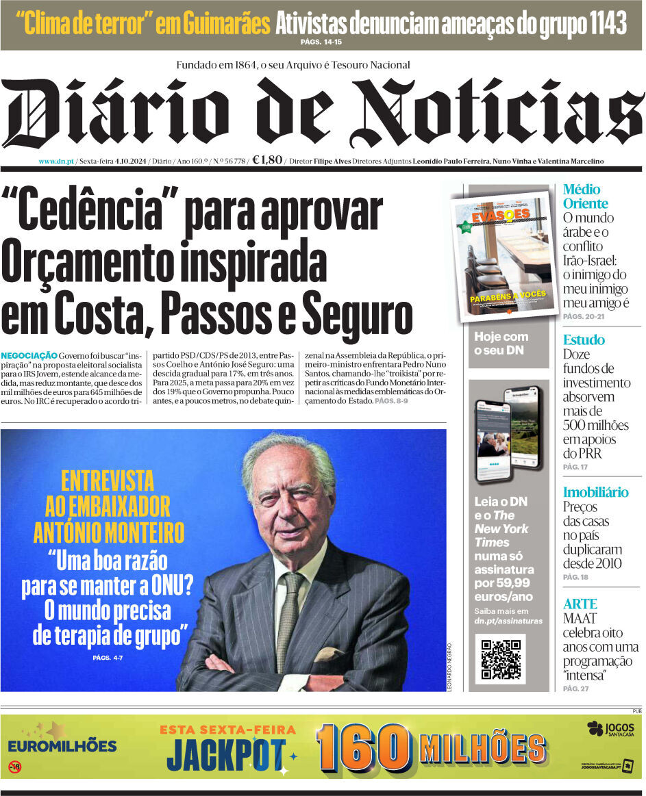 Di&aacute;rio de Not&iacute;cias: Capa da Edi&ccedil;&atilde;o de sexta-feira, 04 de outubro 2024