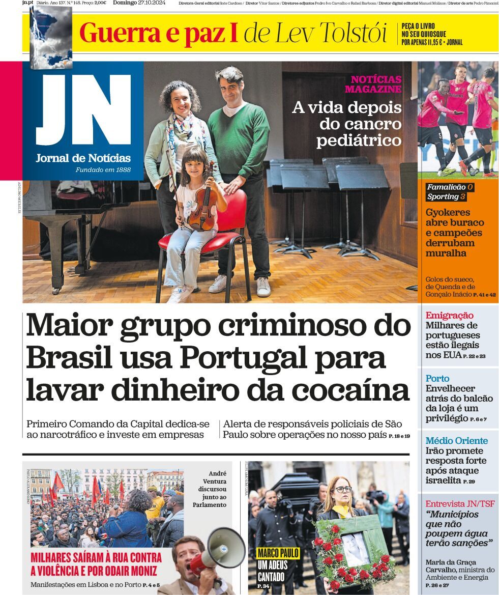 Jornal de Not&iacute;cias: Capa da Edi&ccedil;&atilde;o de domingo, 27 de outubro 2024