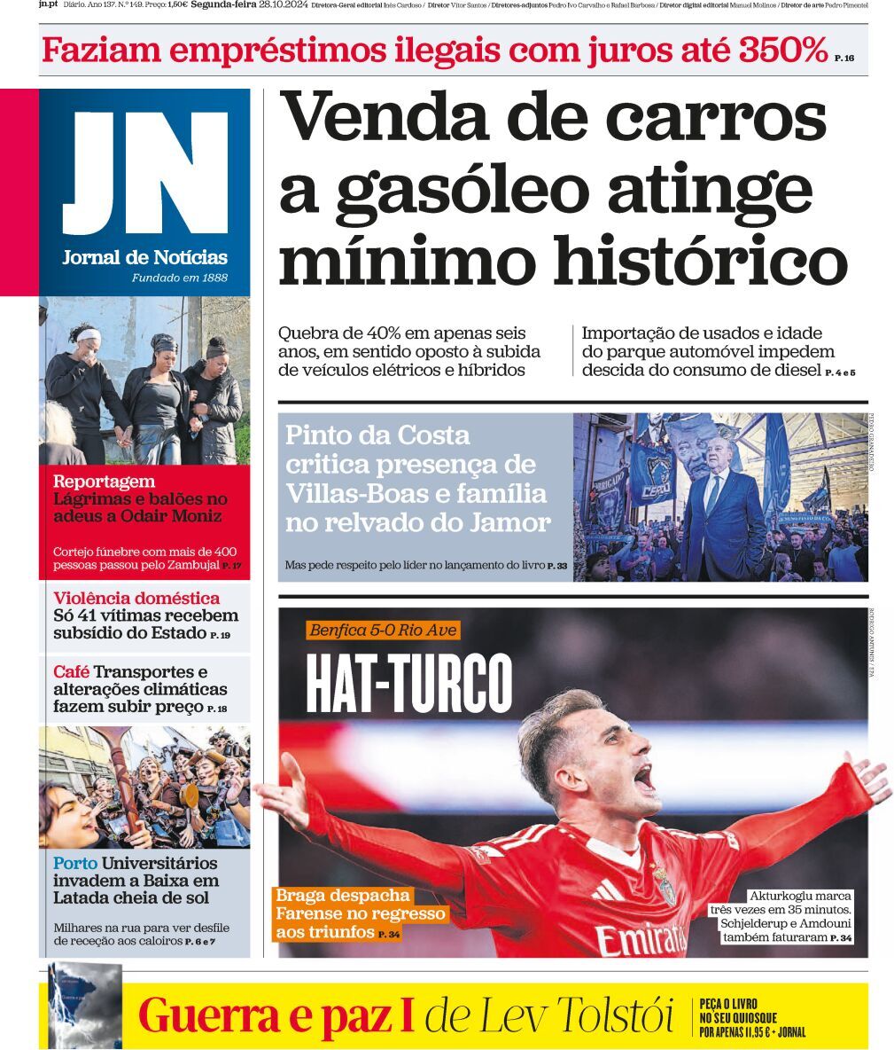 Jornal de Not&iacute;cias: Capa da Edi&ccedil;&atilde;o de segunda-feira, 28 de outubro 2024
