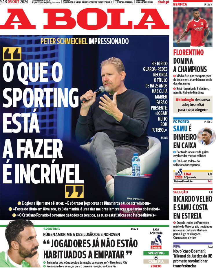 A Bola: Capa da Edi&ccedil;&atilde;o de s&aacute;bado, 05 de outubro 2024