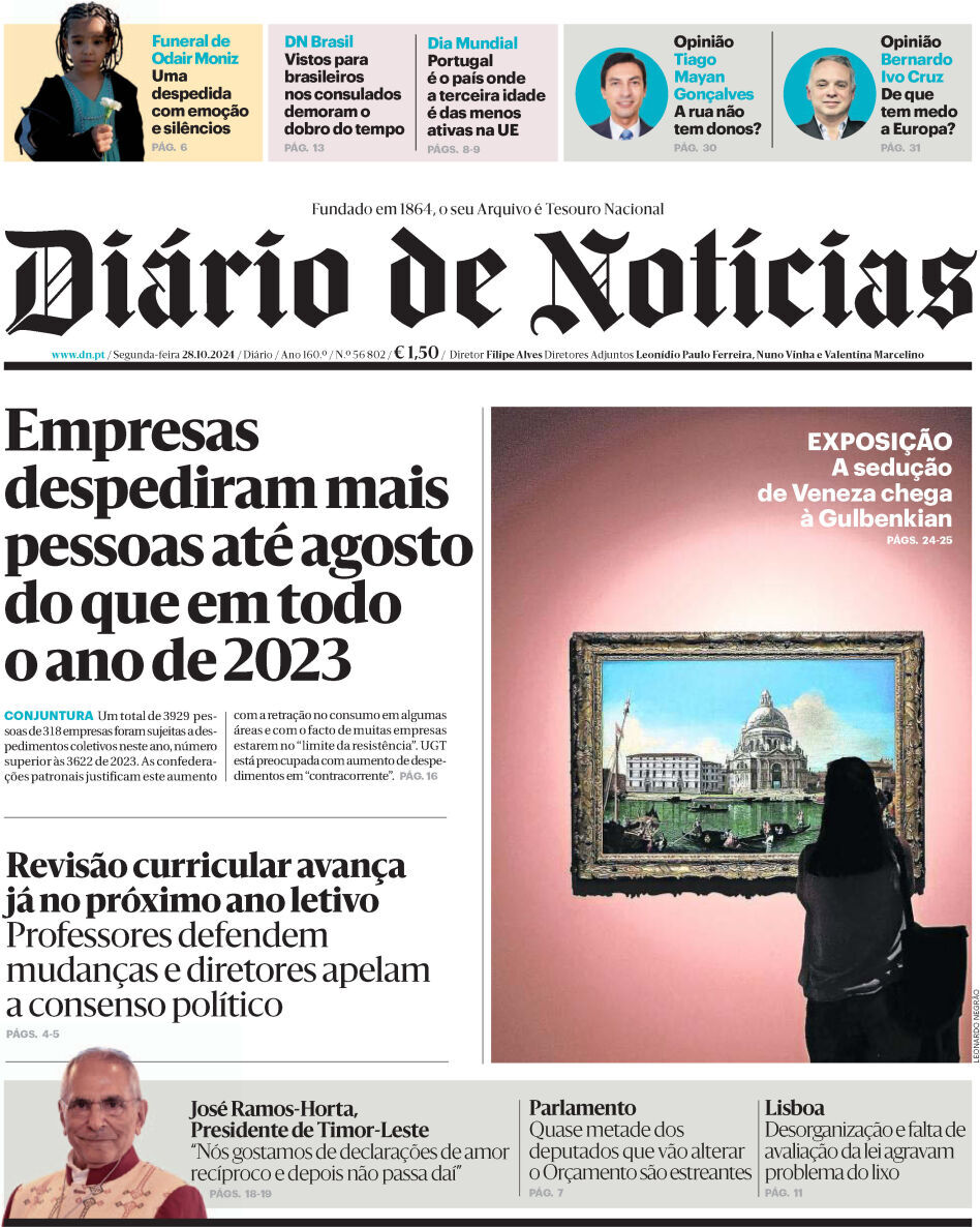 Di&aacute;rio de Not&iacute;cias: Capa da Edi&ccedil;&atilde;o de segunda-feira, 28 de outubro 2024