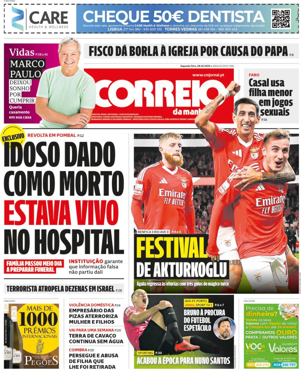 Correio da Manh&atilde;: Capa da Edi&ccedil;&atilde;o de segunda-feira, 28 de outubro 2024