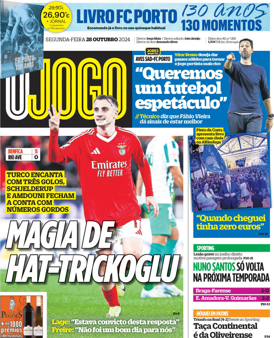 O Jogo: Capa da Edi&ccedil;&atilde;o de segunda-feira, 28 de outubro 2024