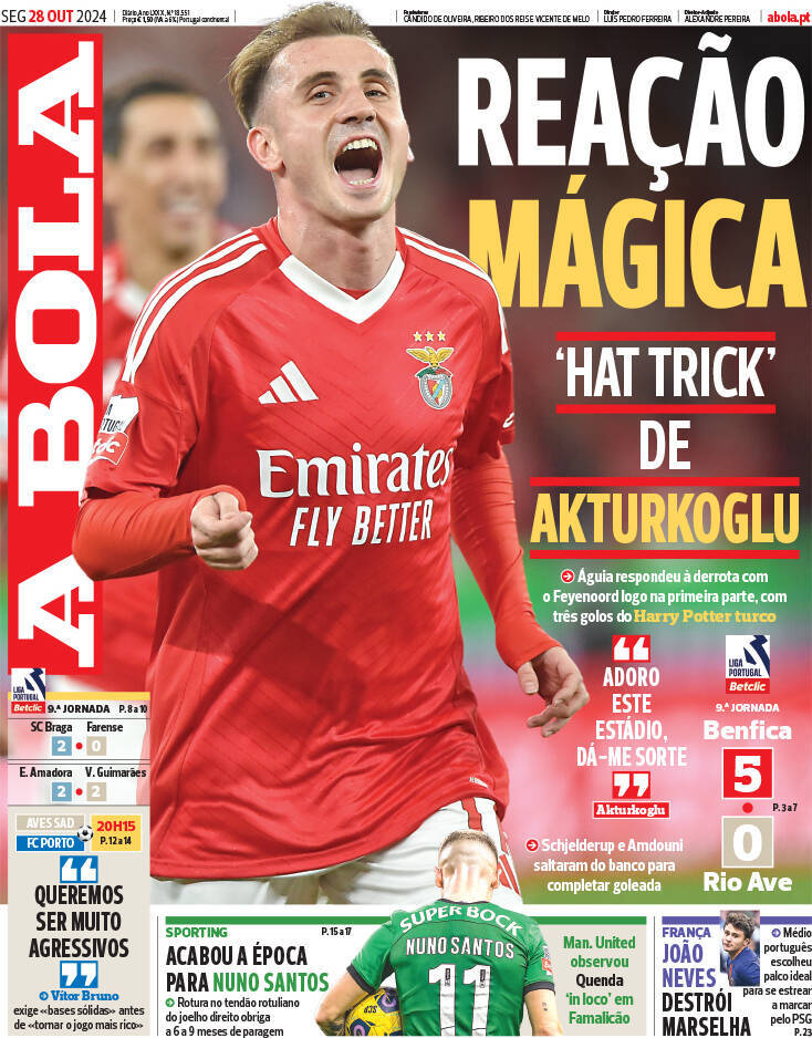 A Bola: Capa da Edi&ccedil;&atilde;o de segunda-feira, 28 de outubro 2024