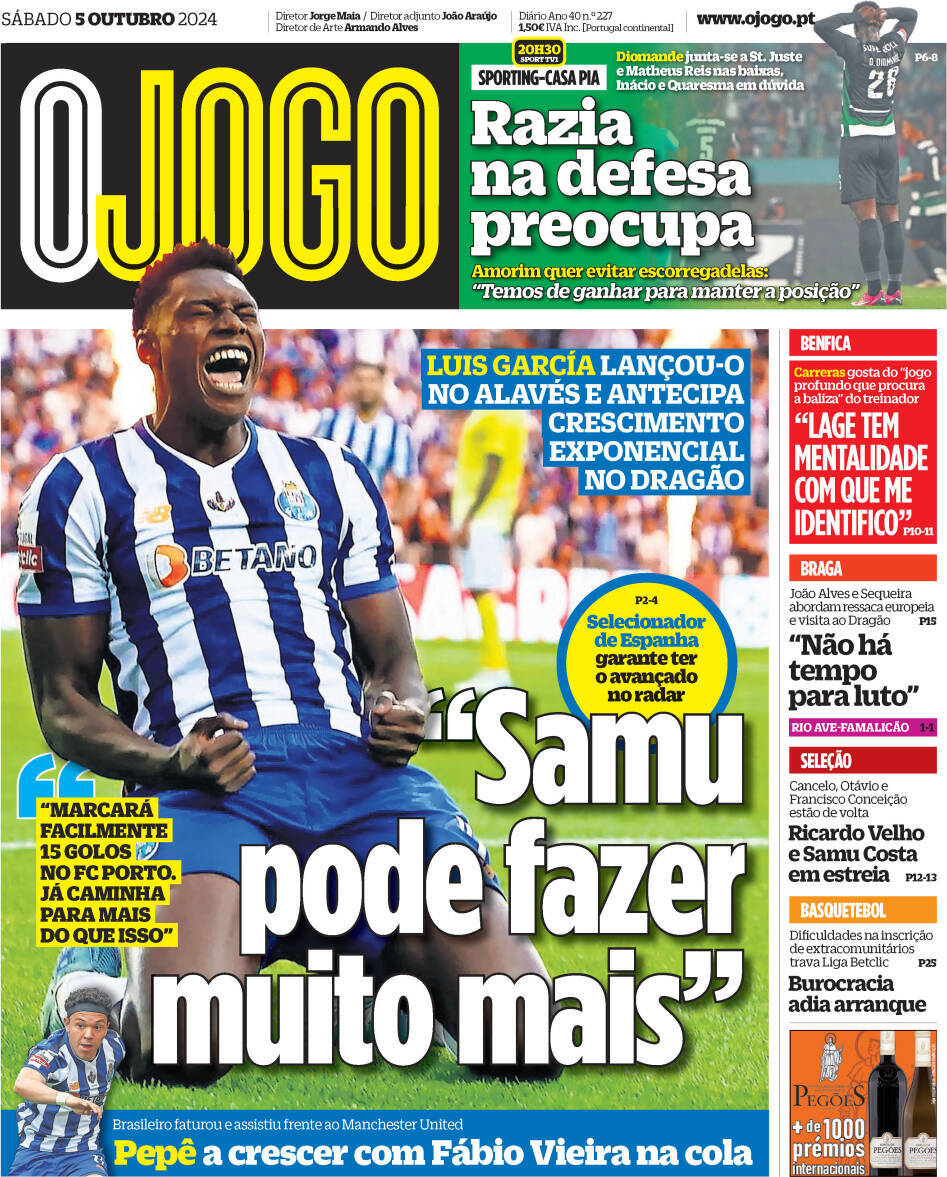 O Jogo: Capa da Edi&ccedil;&atilde;o de s&aacute;bado, 05 de outubro 2024