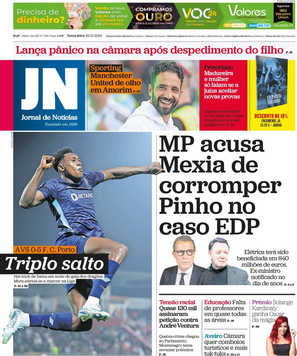 Jornal de Not&iacute;cias: Capa da Edi&ccedil;&atilde;o de ter&ccedil;a-feira, 29 de outubro 2024