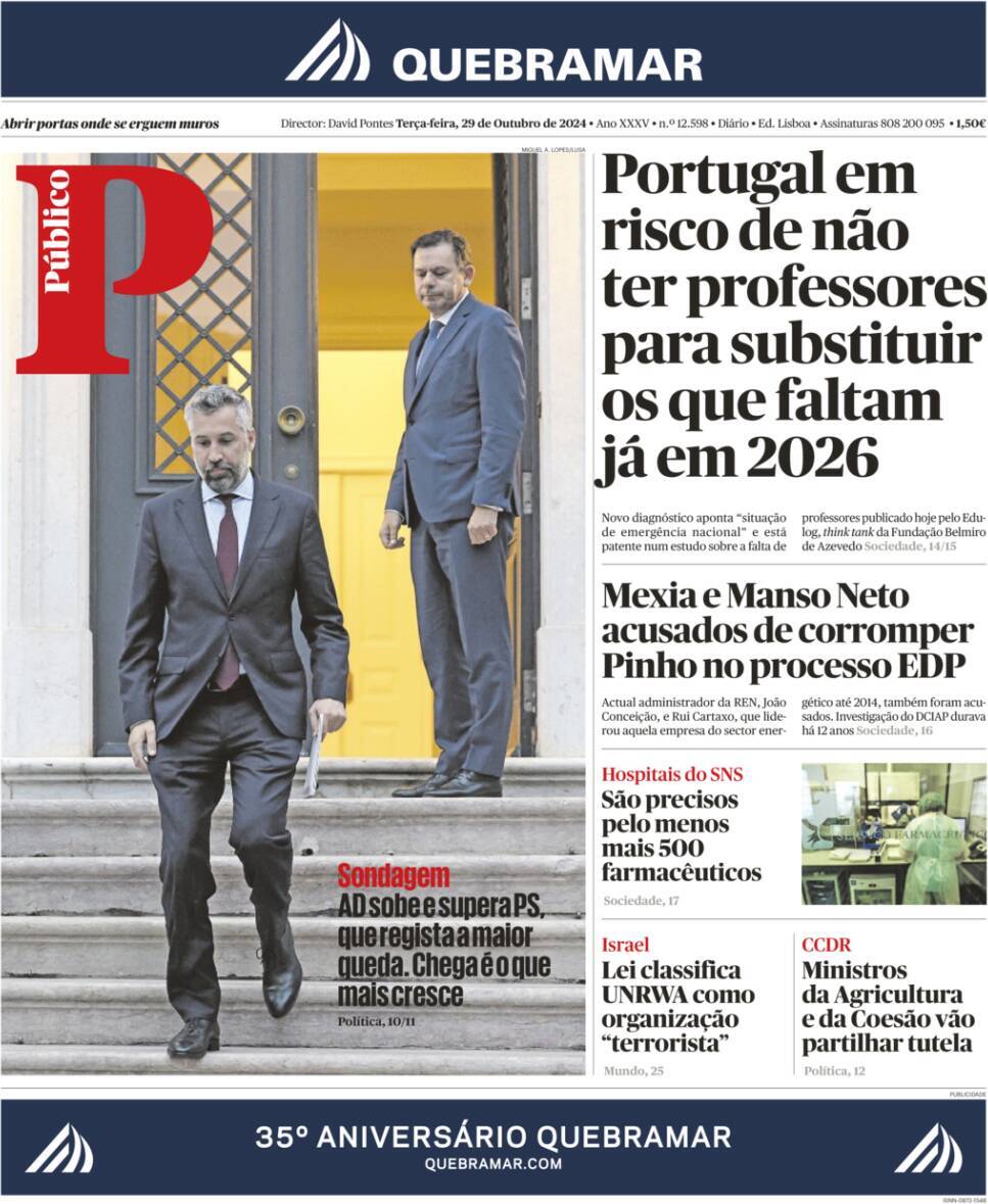P&uacute;blico: Capa da Edi&ccedil;&atilde;o de ter&ccedil;a-feira, 29 de outubro 2024