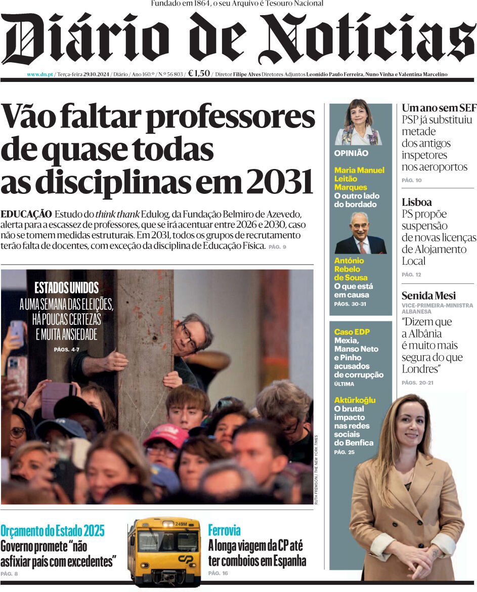 Di&aacute;rio de Not&iacute;cias: Capa da Edi&ccedil;&atilde;o de ter&ccedil;a-feira, 29 de outubro 2024