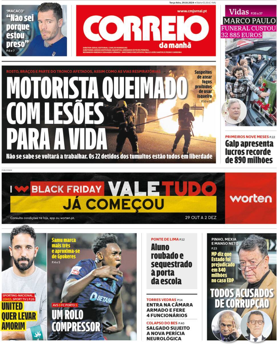 Correio da Manh&atilde;: Capa da Edi&ccedil;&atilde;o de ter&ccedil;a-feira, 29 de outubro 2024