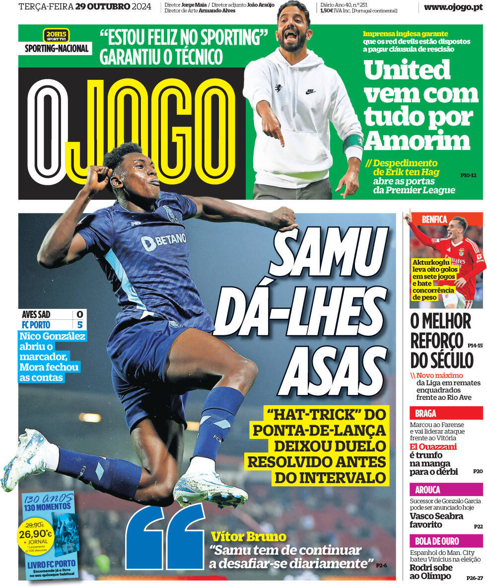 O Jogo: Capa da Edi&ccedil;&atilde;o de ter&ccedil;a-feira, 29 de outubro 2024