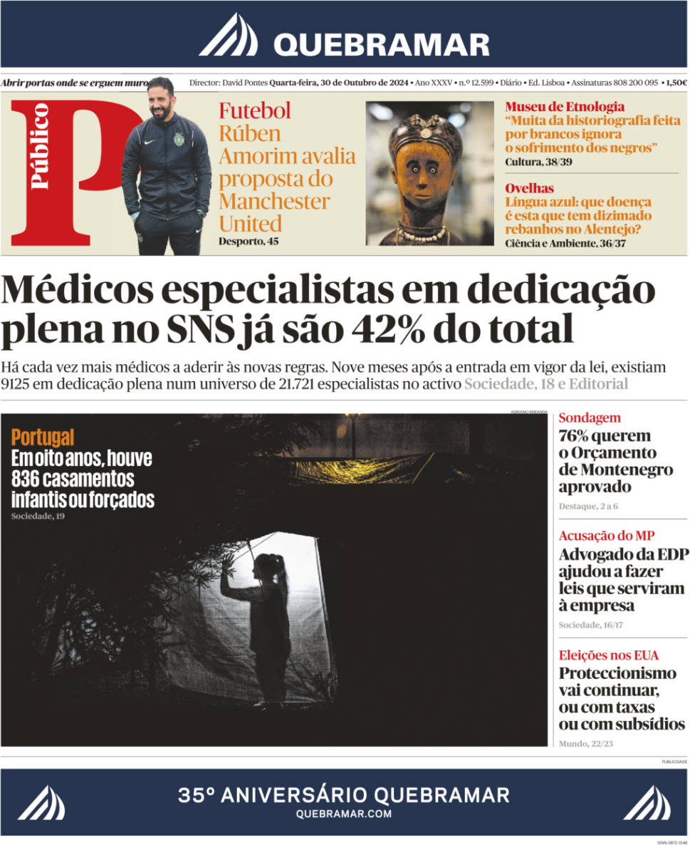 P&uacute;blico: Capa da Edi&ccedil;&atilde;o de quarta-feira, 30 de outubro 2024