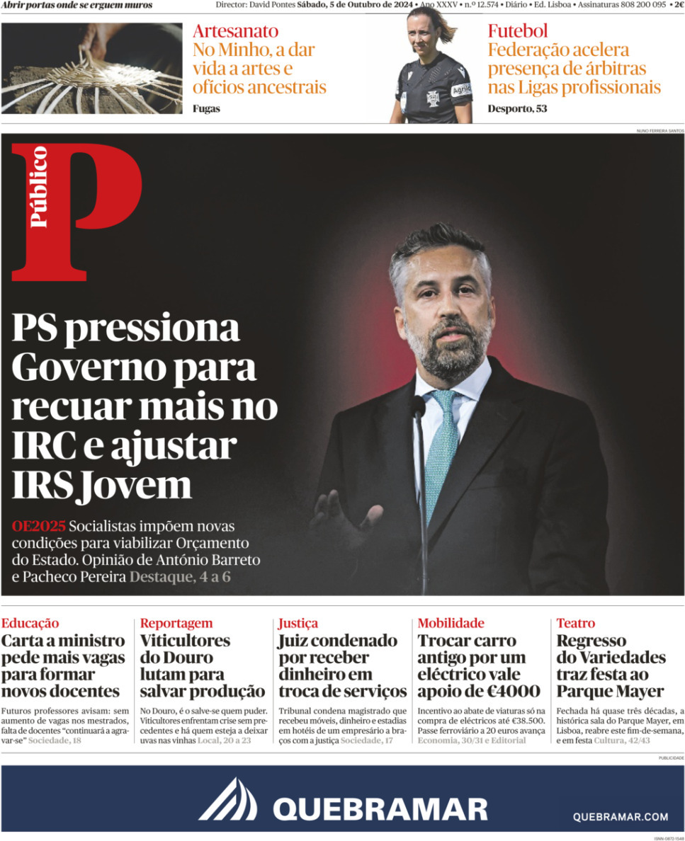 P&uacute;blico: Capa da Edi&ccedil;&atilde;o de s&aacute;bado, 05 de outubro 2024