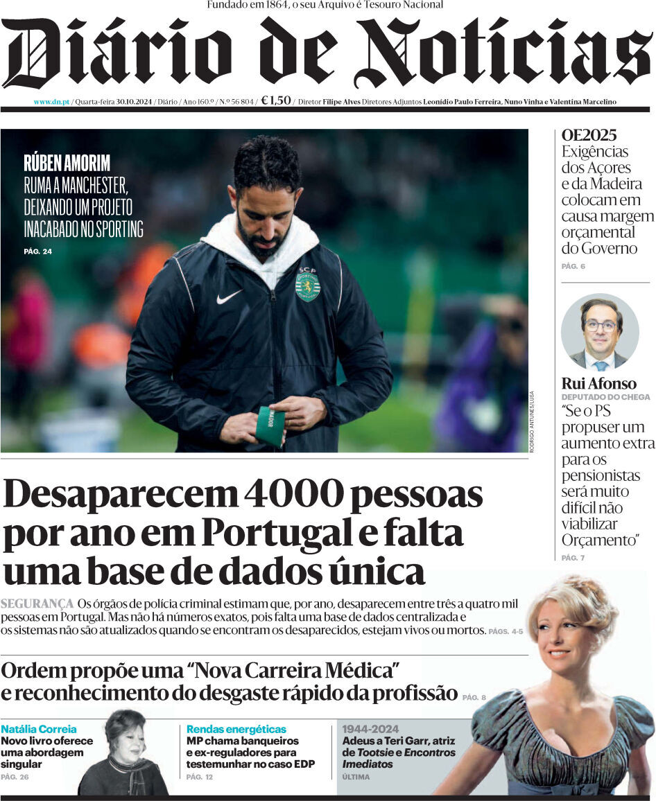 Di&aacute;rio de Not&iacute;cias: Capa da Edi&ccedil;&atilde;o de quarta-feira, 30 de outubro 2024