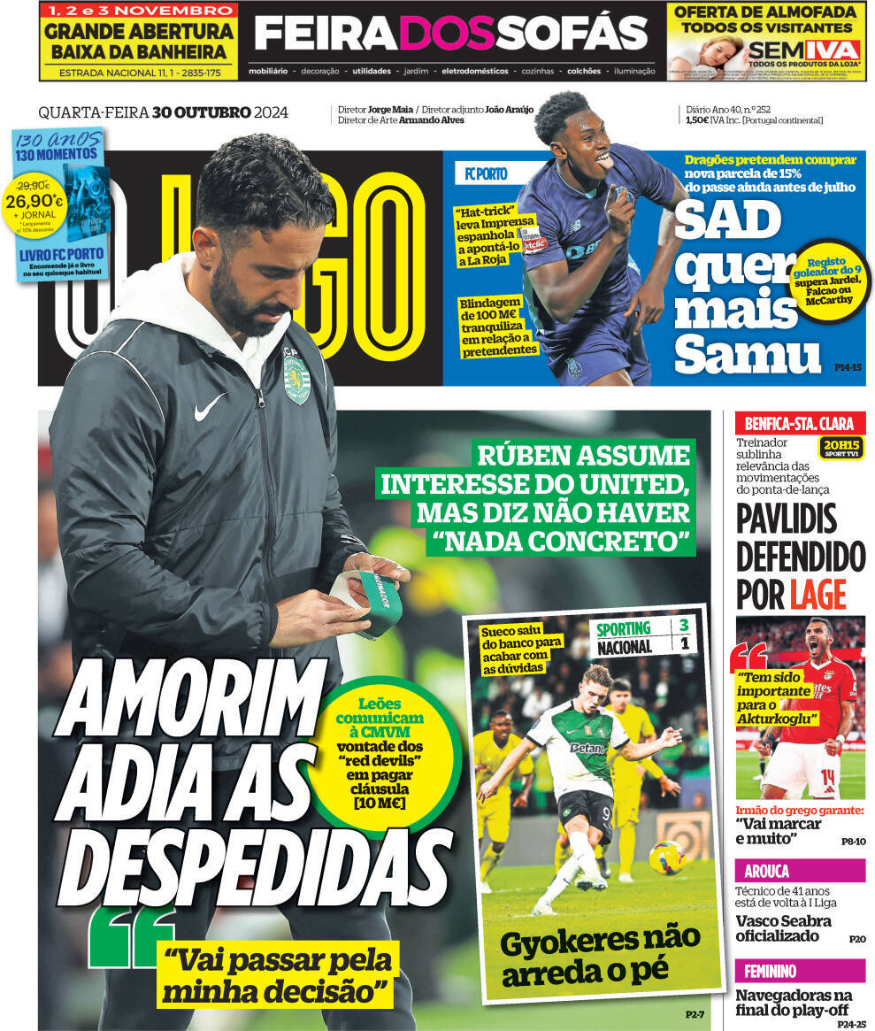 O Jogo: Capa da Edi&ccedil;&atilde;o de quarta-feira, 30 de outubro 2024