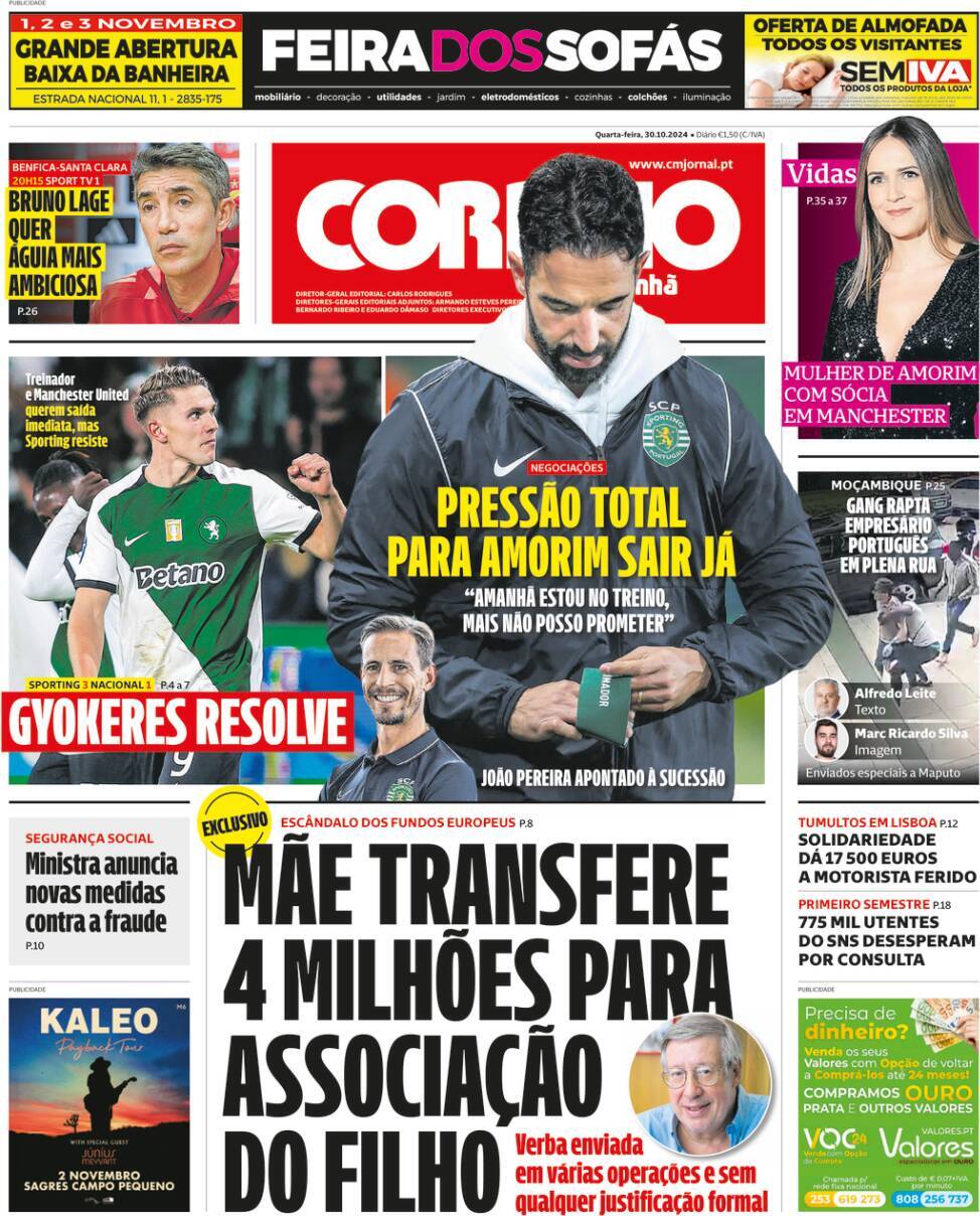 Correio da Manh&atilde;: Capa da Edi&ccedil;&atilde;o de quarta-feira, 30 de outubro 2024