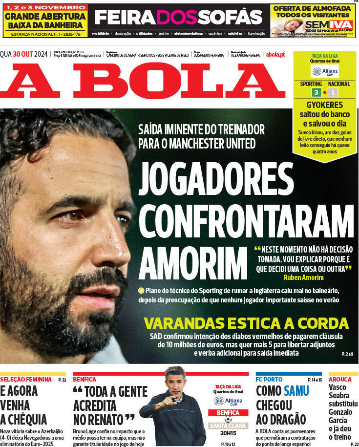 A Bola: Capa da Edi&ccedil;&atilde;o de quarta-feira, 30 de outubro 2024