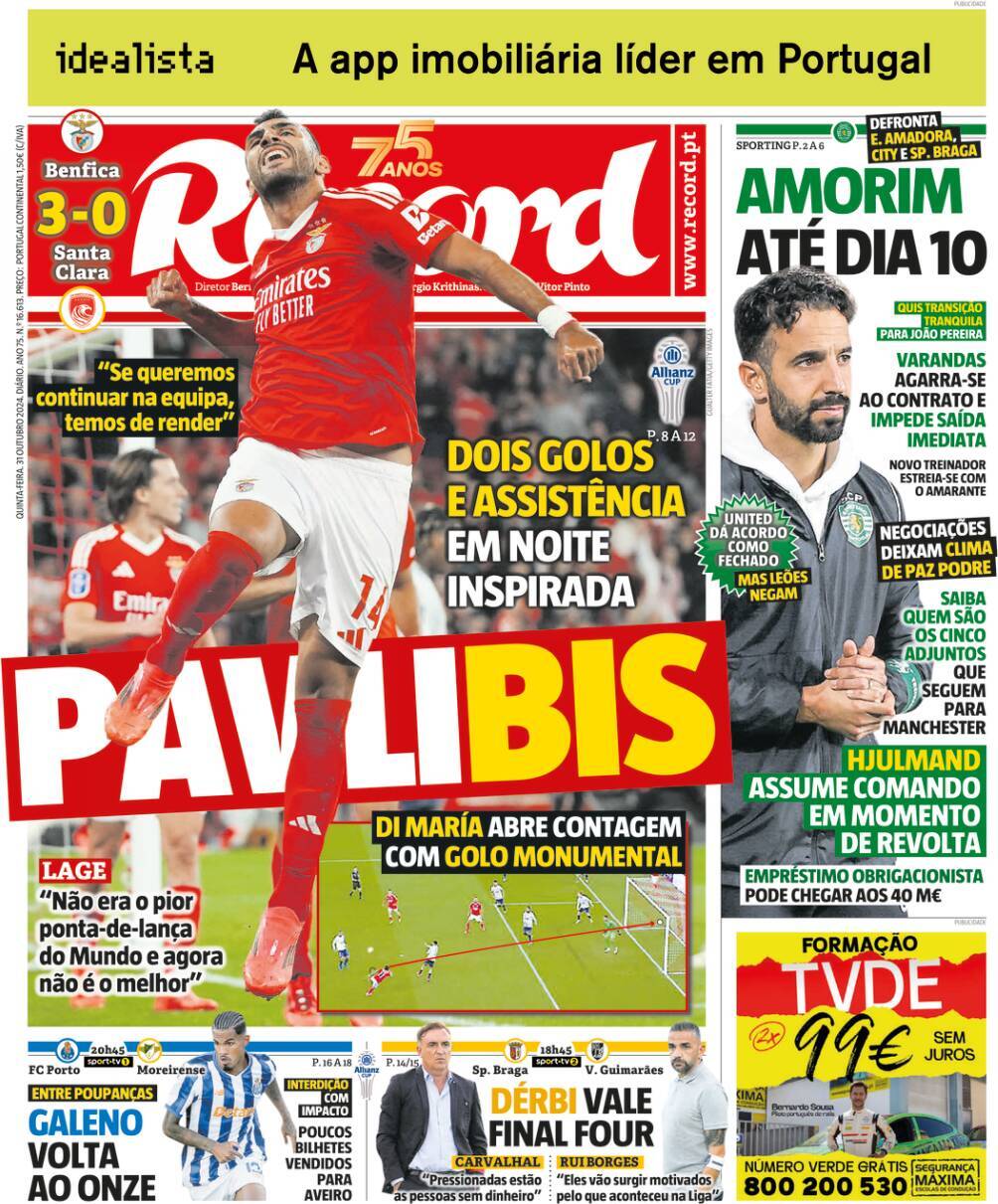 Jornal de Not&iacute;cias: Capa da Edi&ccedil;&atilde;o de quinta-feira, 31 de outubro 2024