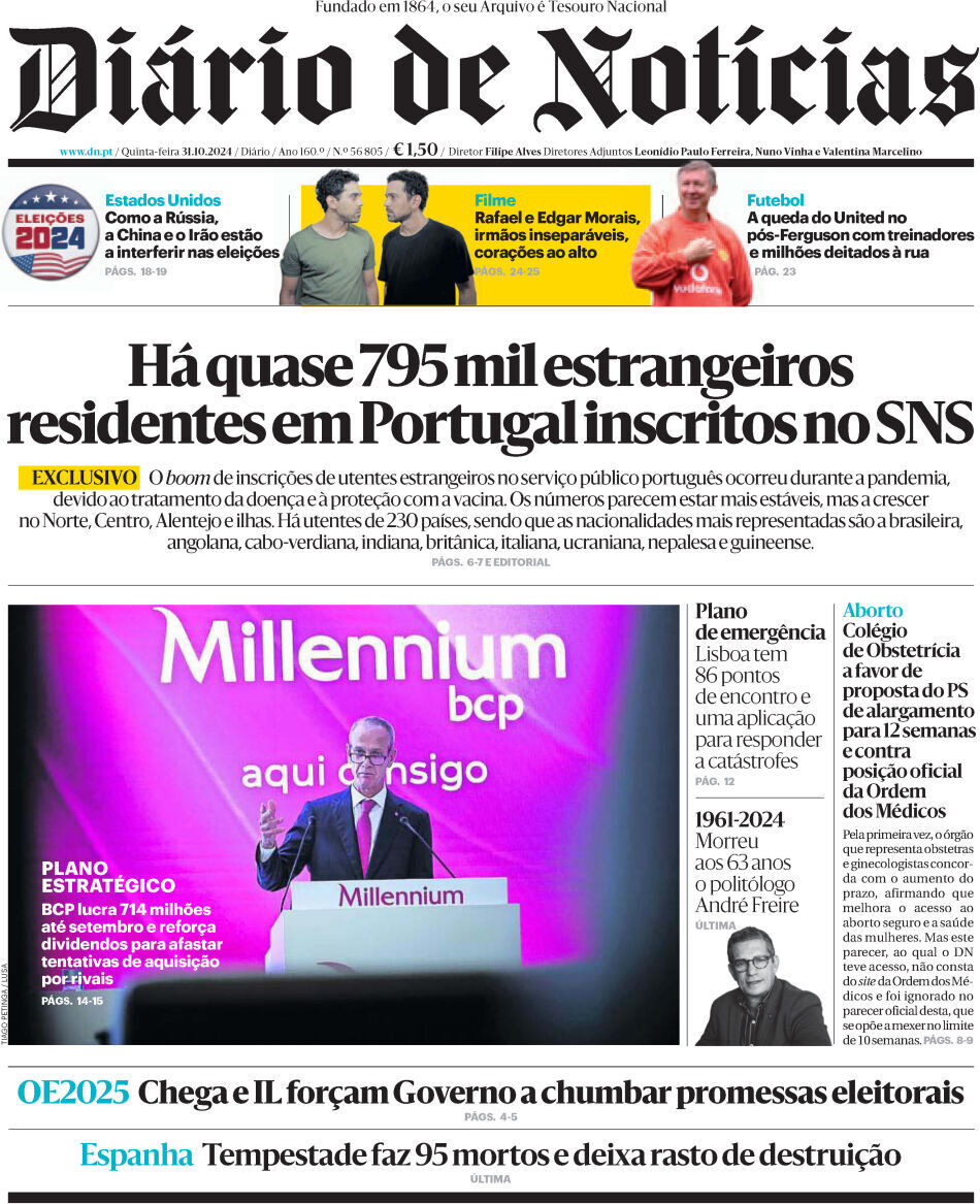 Di&aacute;rio de Not&iacute;cias: Capa da Edi&ccedil;&atilde;o de quinta-feira, 31 de outubro 2024