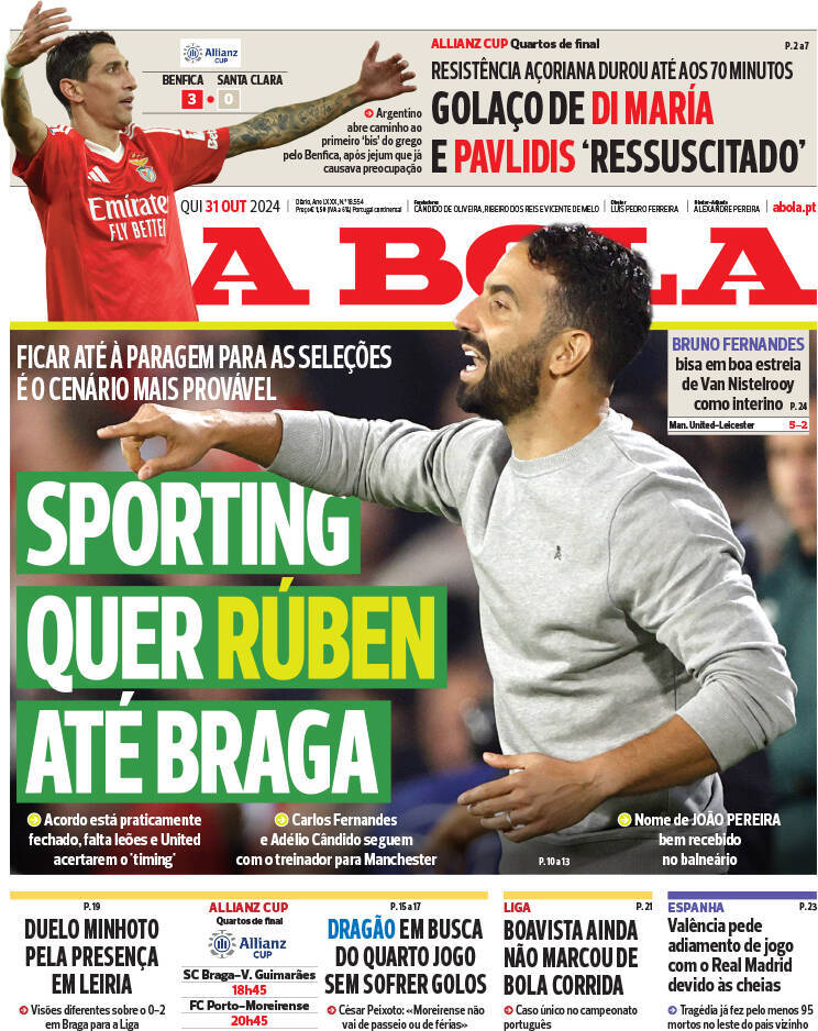 A Bola: Capa da Edi&ccedil;&atilde;o de quinta-feira, 31 de outubro 2024