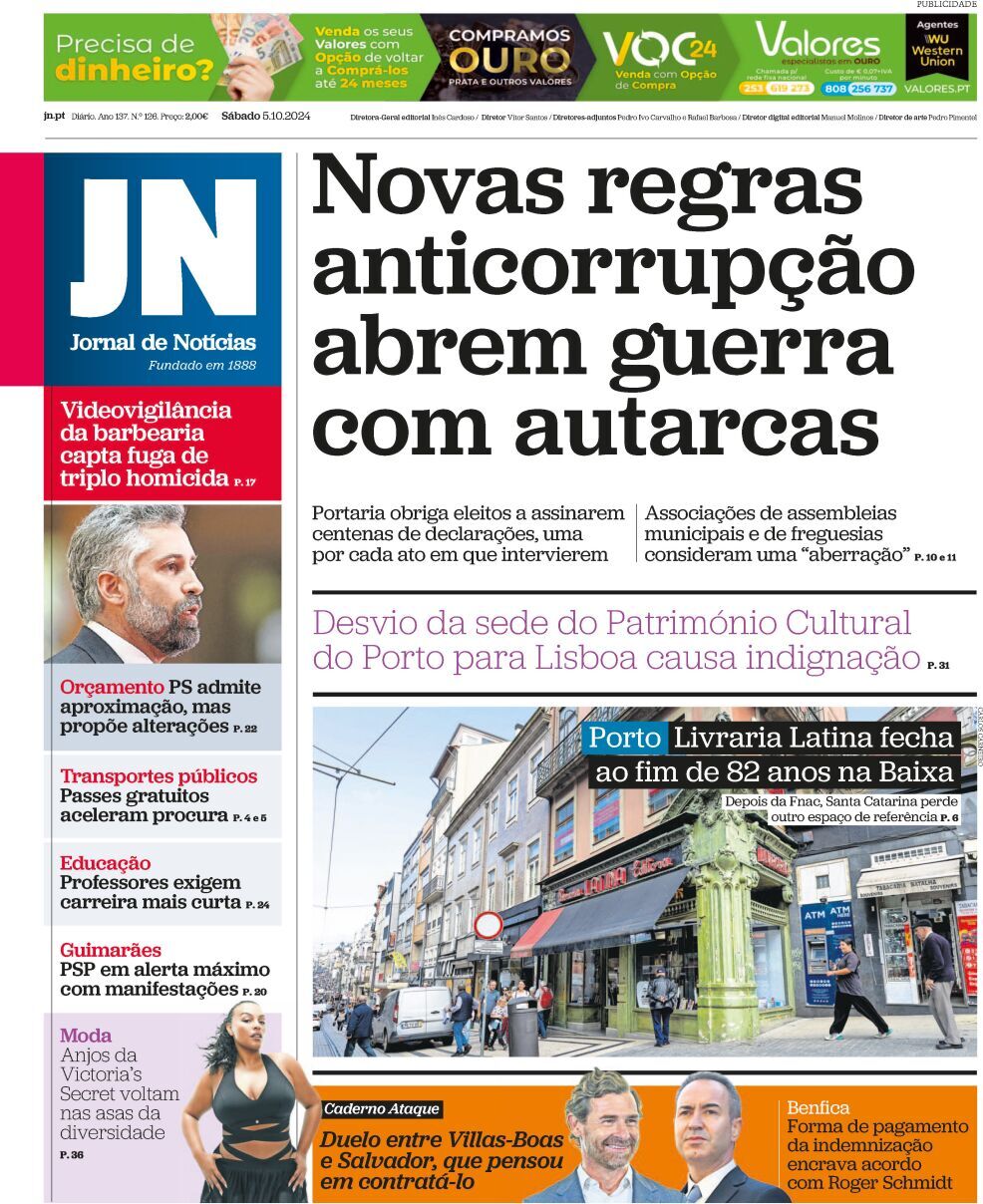 Jornal de Not&iacute;cias: Capa da Edi&ccedil;&atilde;o de s&aacute;bado, 05 de outubro 2024