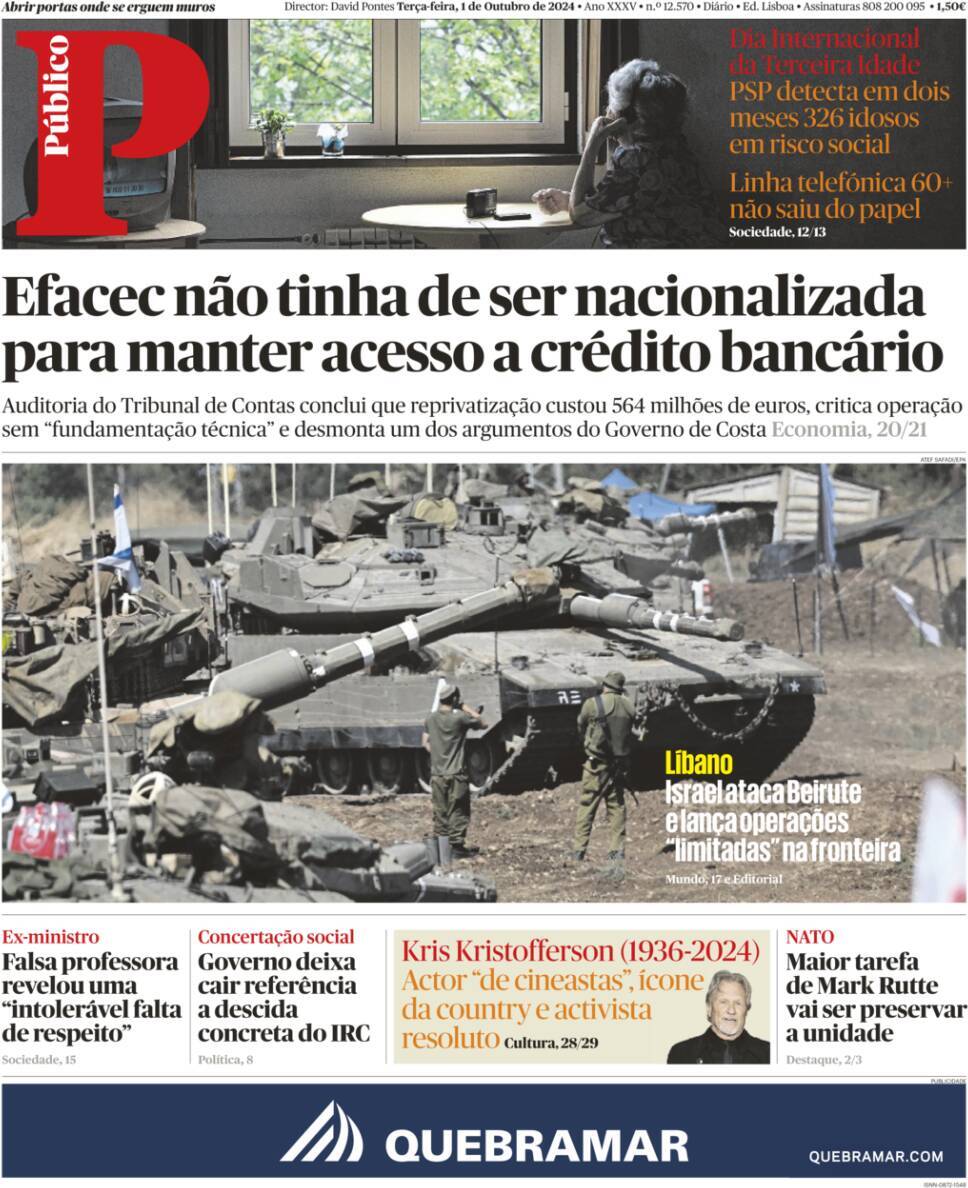 P&uacute;blico: Capa da Edi&ccedil;&atilde;o de ter&ccedil;a-feira, 01 de outubro 2024