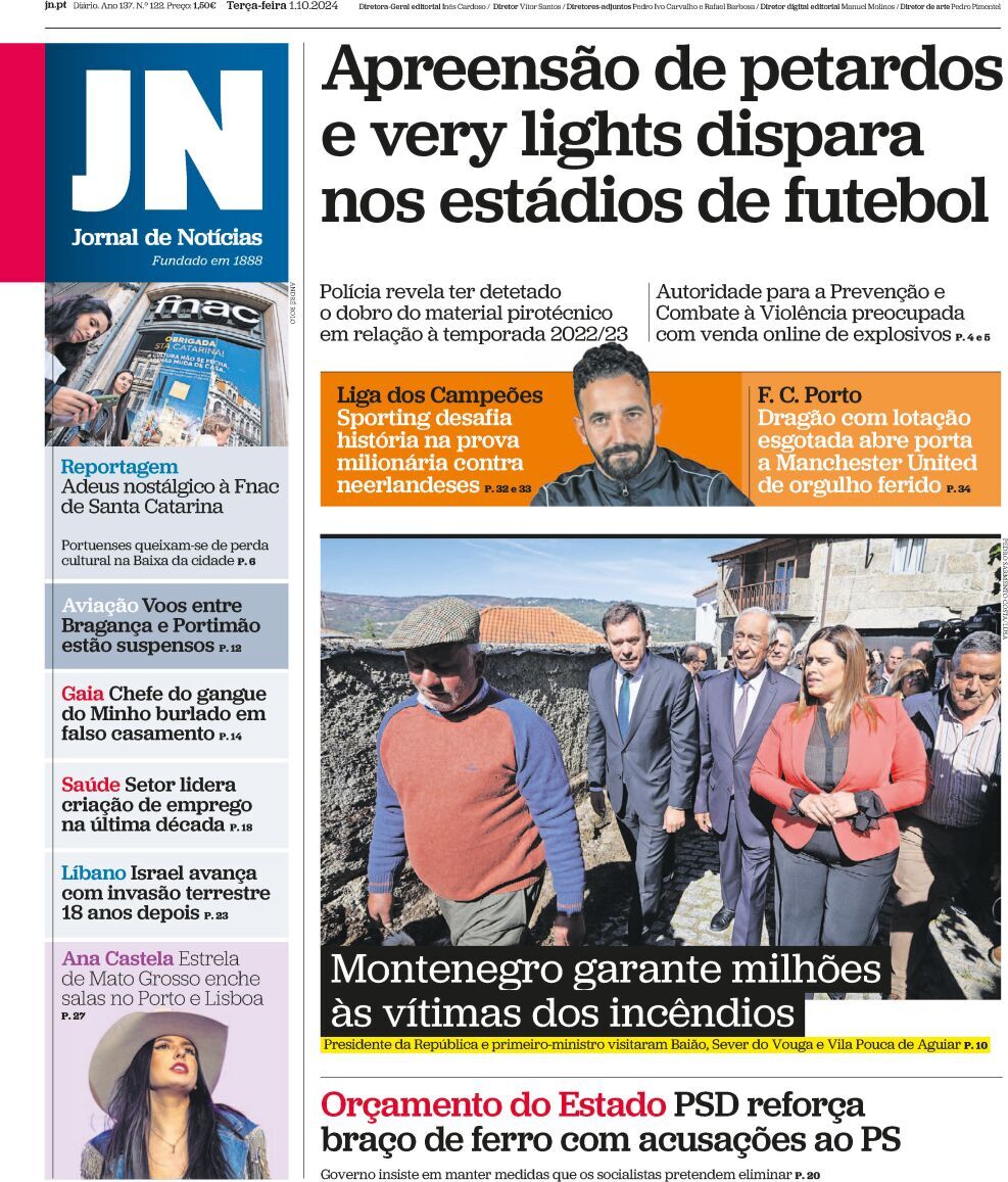 Jornal de Not&iacute;cias: Capa da Edi&ccedil;&atilde;o de ter&ccedil;a-feira, 01 de outubro 2024