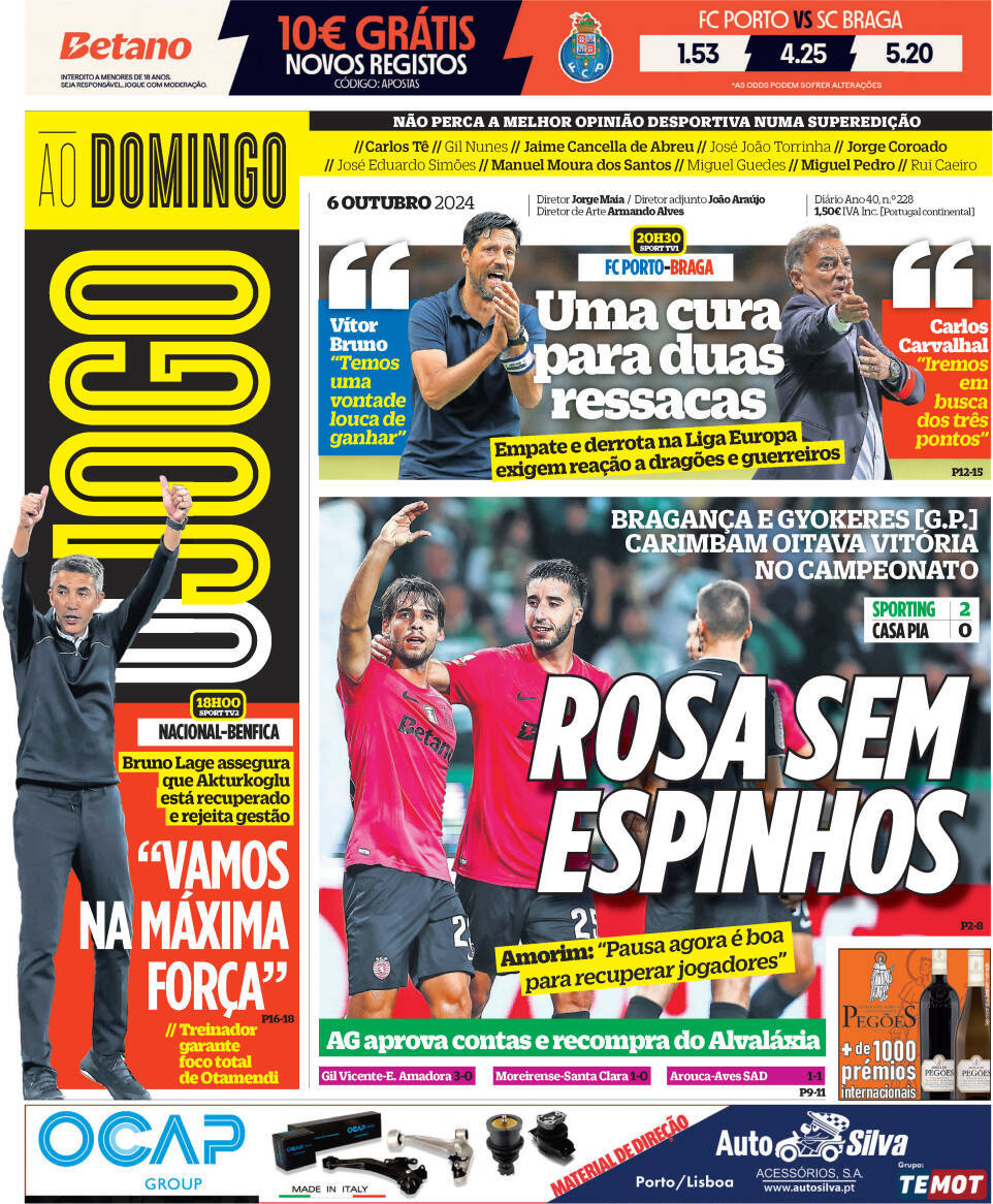 O Jogo: Capa da Edi&ccedil;&atilde;o de domingo, 06 de outubro 2024