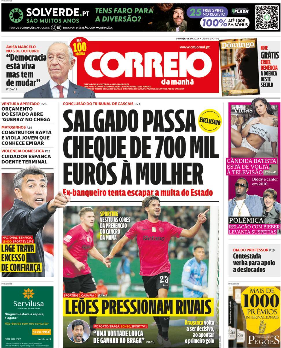 Correio da Manh&atilde;: Capa da Edi&ccedil;&atilde;o de domingo, 06 de outubro 2024