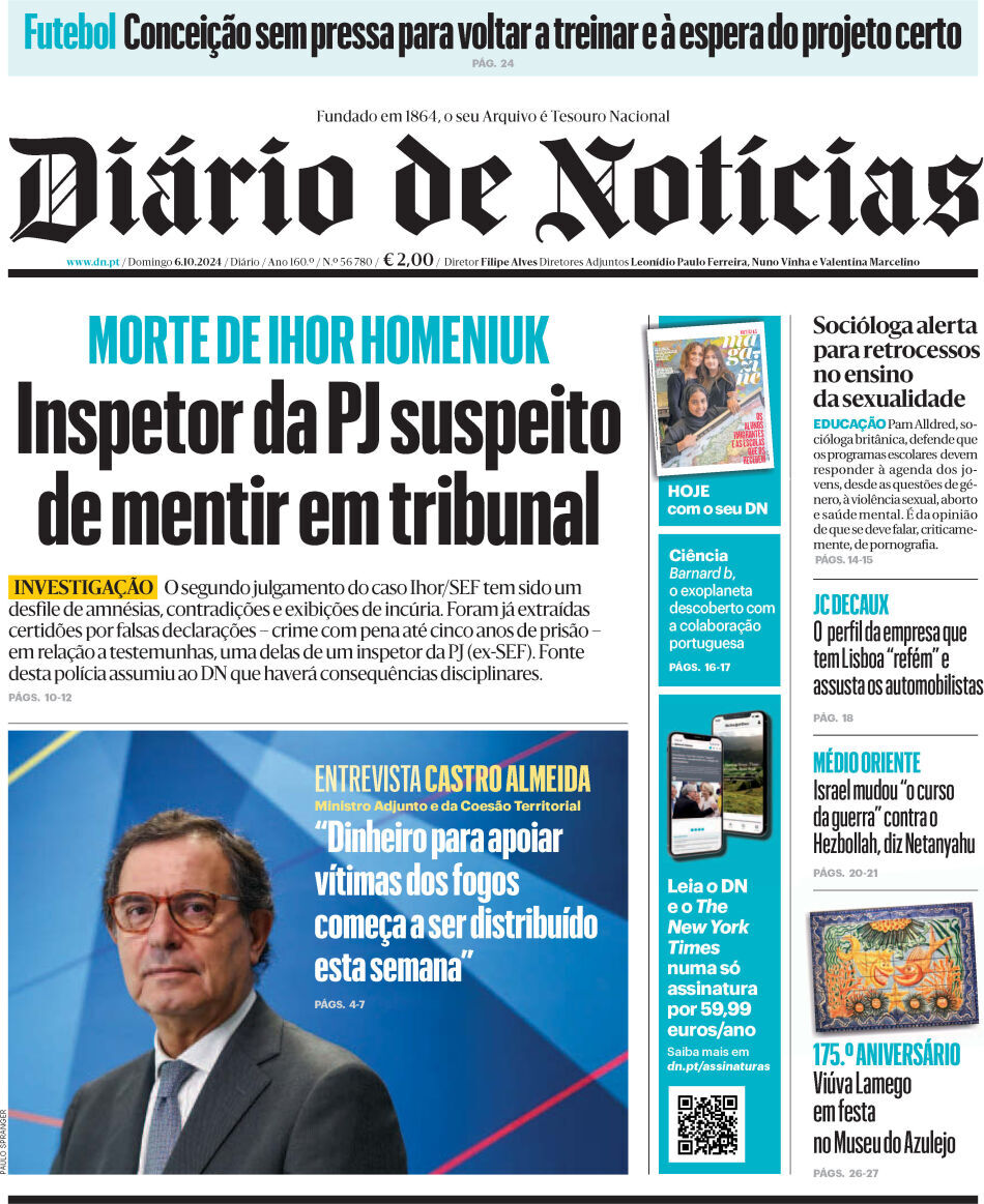Di&aacute;rio de Not&iacute;cias: Capa da Edi&ccedil;&atilde;o de domingo, 06 de outubro 2024