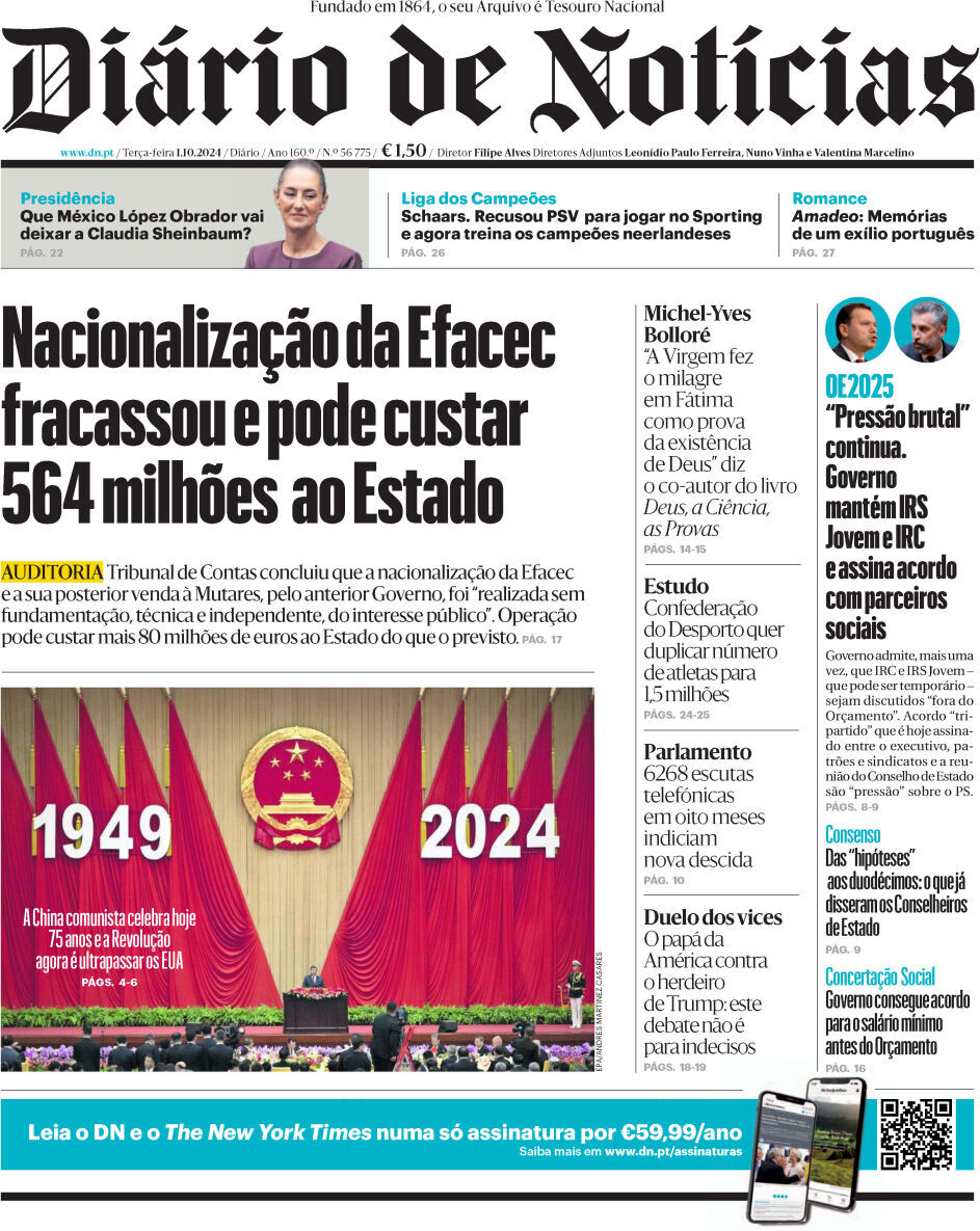 Di&aacute;rio de Not&iacute;cias: Capa da Edi&ccedil;&atilde;o de ter&ccedil;a-feira, 01 de outubro 2024