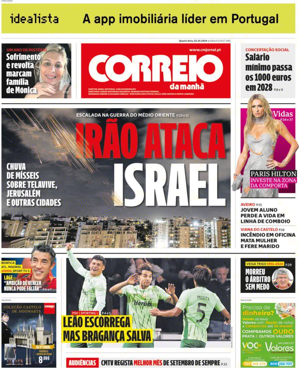 Correio da Manh&atilde;: Capa da Edi&ccedil;&atilde;o de quarta-feira, 02 de outubro 2024