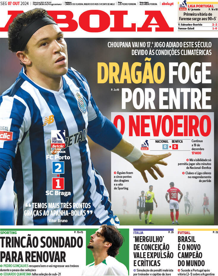 A Bola: Capa da Edi&ccedil;&atilde;o de segunda-feira, 07 de outubro 2024