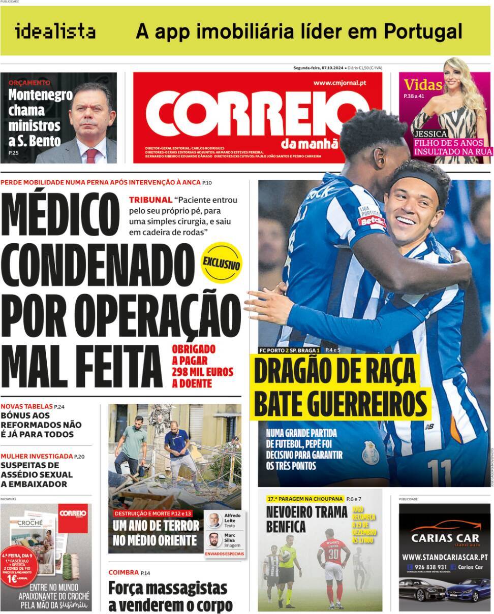 Correio da Manh&atilde;: Capa da Edi&ccedil;&atilde;o de segunda-feira, 07 de outubro 2024