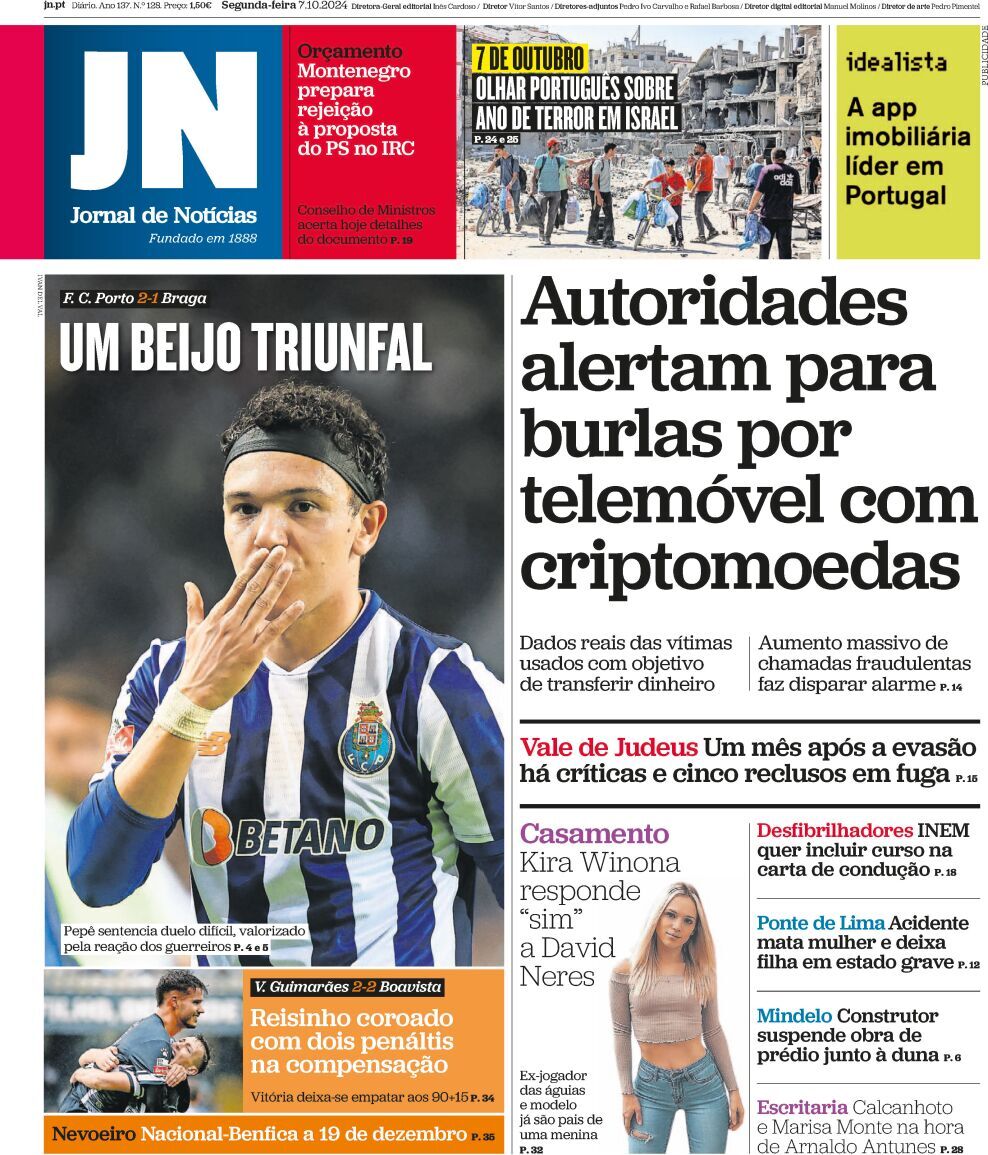 Jornal de Not&iacute;cias: Capa da Edi&ccedil;&atilde;o de segunda-feira, 07 de outubro 2024